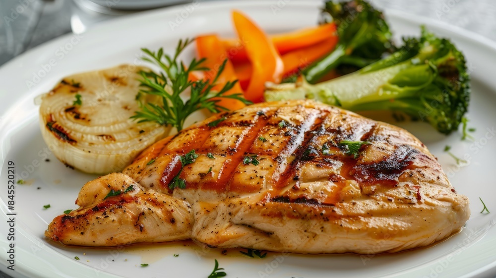 Grilled chicken breast with potato, broccoli and carrots on white plate. Grilled chicken breast with potato, broccoli and carrots on white plate.