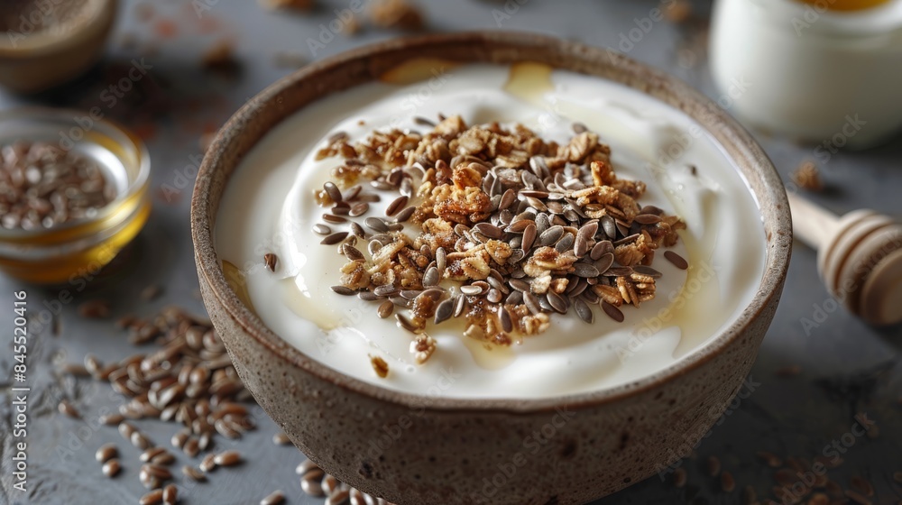 A bowl of creamy yogurt topped with honey and a sprinkle of seeds. The perfect healthy breakfast or snack. A bowl of creamy yogurt topped with honey and a sprinkle of seeds. The perfect healthy breakfast or snack.