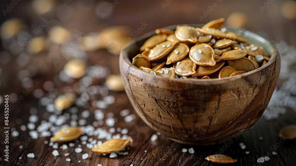 A bowl of roasted pumpkin seeds with salt on a rustic wooden table. A bowl of roasted pumpkin seeds with salt on a rustic wooden table.