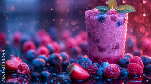 A refreshing berry smoothie with fresh fruit, perfect for a summer drink.  The colorful background and droplets of water add to the enticing visual. photo