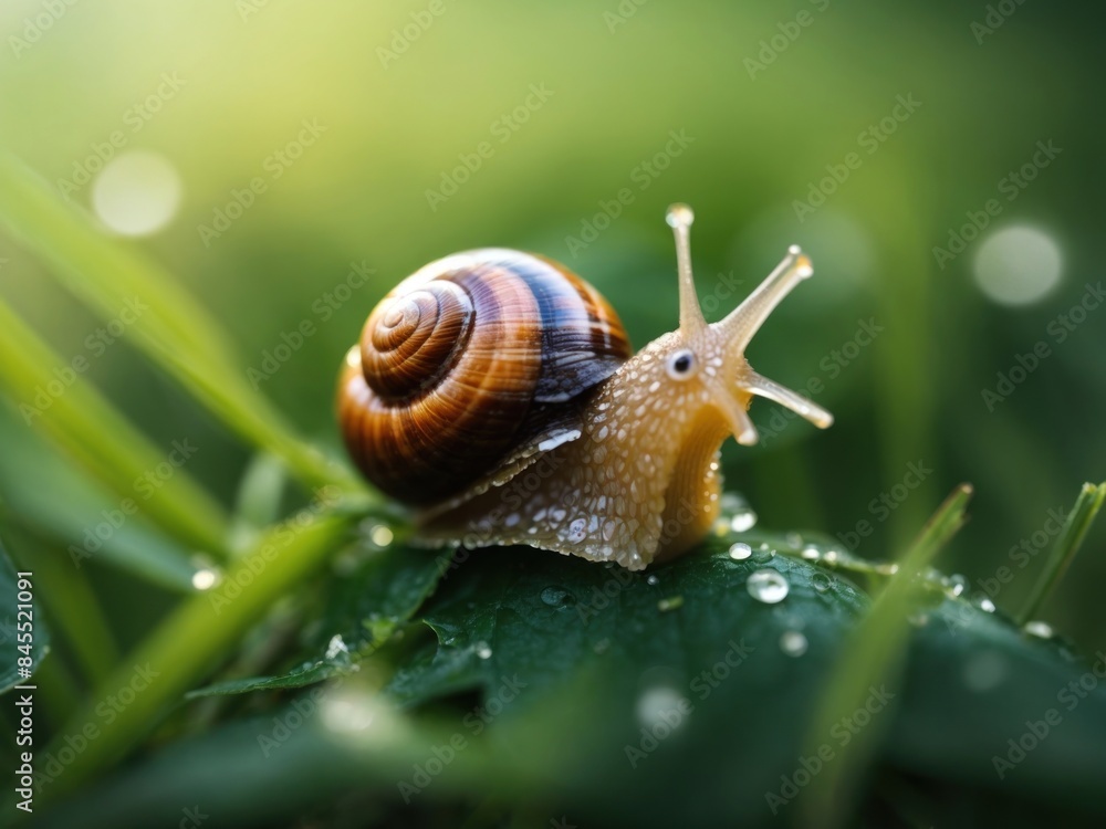 Beautiful lovely snail in grass with morning dew Beautiful lovely snail in grass with morning dew