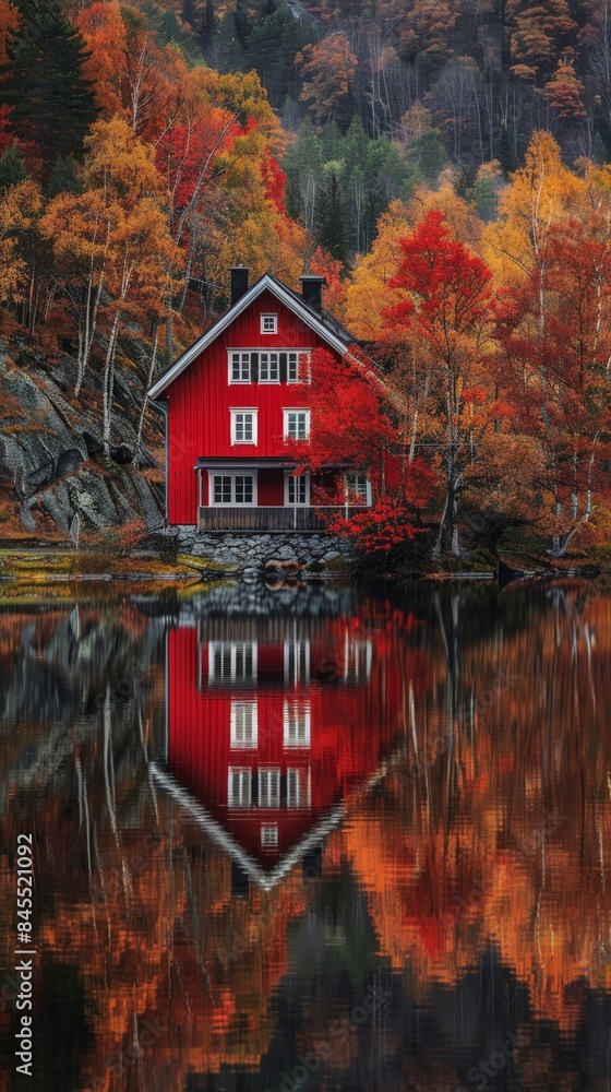 Fototapeta premium Serene Autumn Reflections: Tranquil Lake in Sweden with Vibrant Fall Colors