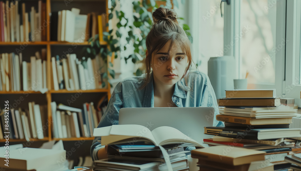 A woman is sitting at a desk with a laptop and a pile of books A woman is sitting at a desk with a laptop and a pile of books