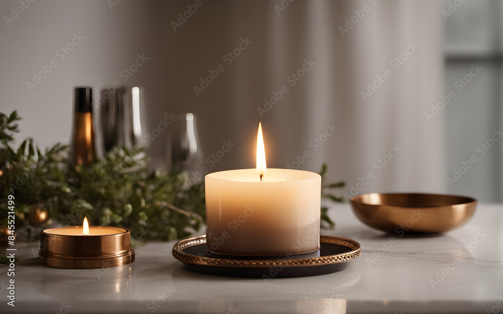Luxury scented candle on a marble surface, with soft, ambient lighting and a cozy home setting
