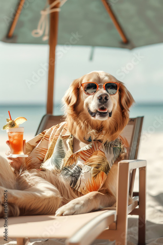 Labrador in Hawaiian shirt laying on the beach chair with cocktail under umbrella. Leisure or summer vacation concept.