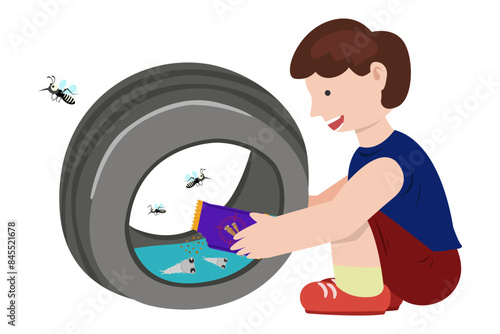 child pour mosquito larva living in car wheels. mosquito control concept