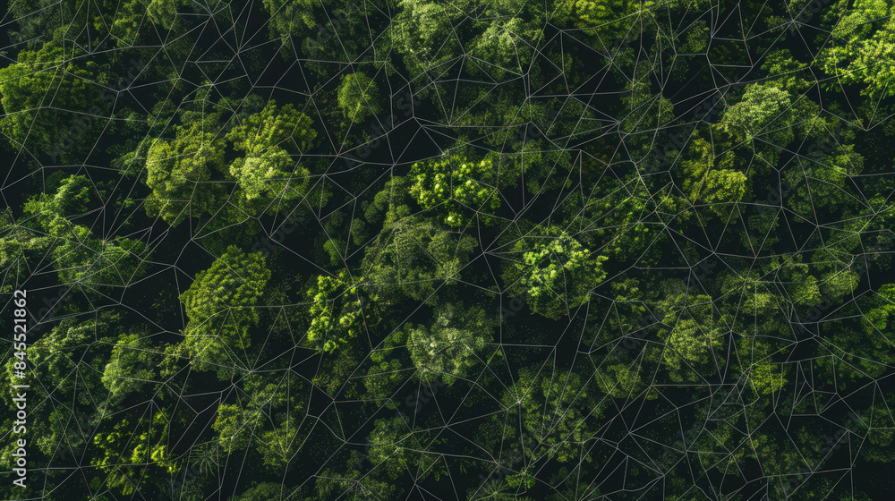 Aerial view of lush forest with an overlay of interconnected lines forming a network pattern. Aerial view of lush forest with an overlay of interconnected lines forming a network pattern.