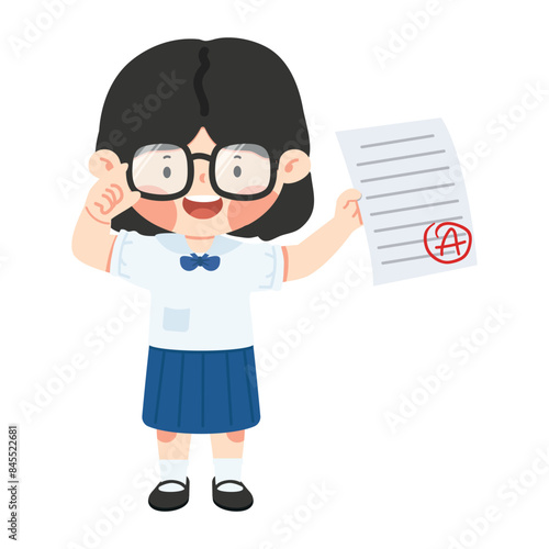 Kid girl student happy because get good grade from exam