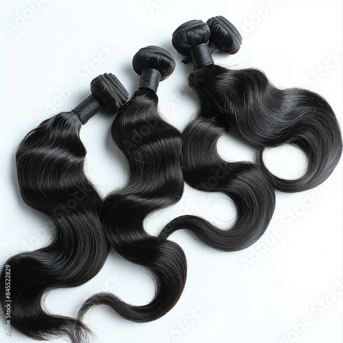 Human Hair Weaves Extensions. Black Remy Wavy Hair Bundles for Coiffure and Texture