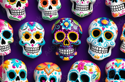 Mexican Day of the dead concept skull shaped cookies with colorful decorations, top view