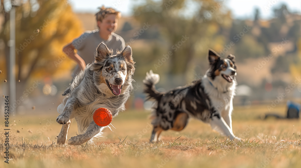 Two dogs are playing with a ball in the park. Two dogs are playing with a ball in the park.