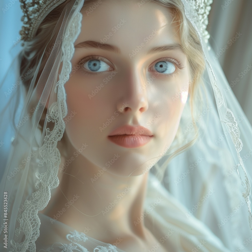 A closeup of beautiful bride with blond hair in wedding dress with veil A closeup of beautiful bride with blond hair in wedding dress with veil