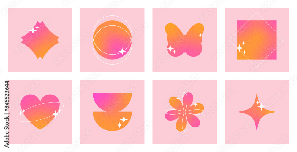 Set of postercards, y2k backrounds with grainy gradient shapes. Aesthetic blurry heart, flower, butterfly bright elements 2000s. Vector illustration Set of postercards, y2k backrounds with grainy gradient shapes. Aesthetic blurry heart, flower, butterfly bright elements 2000s. Vector illustration
