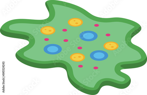 Green amoeba spreading with nucleus and cytoplasm in isometric view