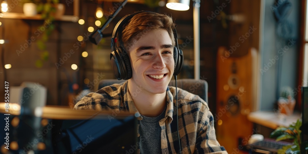 Young man wearing headphones while recording a podcast Young man wearing headphones while recording a podcast