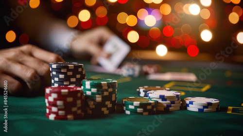 A detailed view of a poker table with cards dealt face down, chips neatly stacked