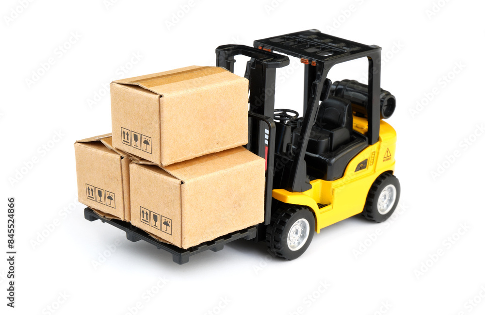 Yellow forklift truck with carton boxes isolated on white background Yellow forklift truck with carton boxes isolated on white background