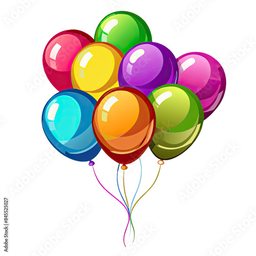 A cluster of seven colorful glossy latex balloons, each a different hue, are isolated on a white background. The balloons are arranged in a casual, celebratory manner. Generative AI