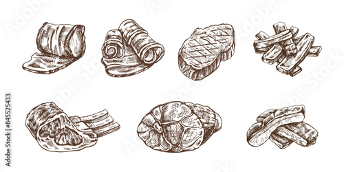 A set of hand-drawn sketches of meat pieces, beef steak, ham, ribs, pork, bacon, ribs. Fresh meat products. For design of menu for restaurants, butcher shop. Vintage engraved illustration.