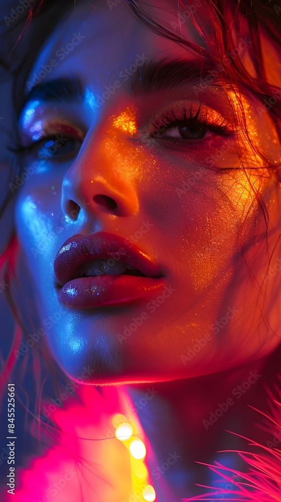 Vibrant Neon Lit Portrait of a Woman with Captivating Makeup Reflecting the Colorful Background Vibrant Neon Lit Portrait of a Woman with Captivating Makeup Reflecting the Colorful Background