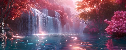 Surreal Neon Lit Landscape with Glowing Waterfalls and Lush Vegetation Dreamscape Background Concept