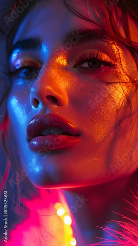 Vibrant Neon Lit Portrait of a Woman with Captivating Makeup Reflecting the Colorful Background