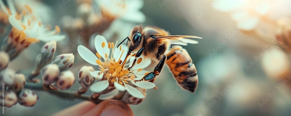 Fototapeta premium Bee Pollinating Flower Showcasing Biodiversity and Environmental Conservation