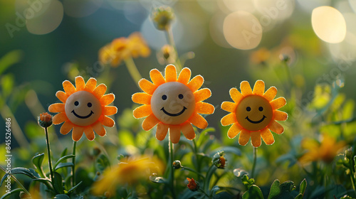 Colorful camomile flowers with friendly faces on a summer background for children