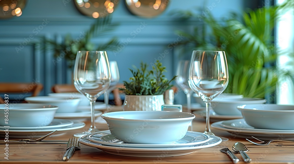 Elegant Dining Table Setting with Glasses and Bowls Elegant Dining Table Setting with Glasses and Bowls