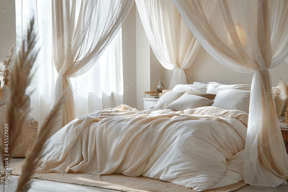 Serene Bedroom Retreat with Canopy Bed and Soft Drapes for Restful Sleep