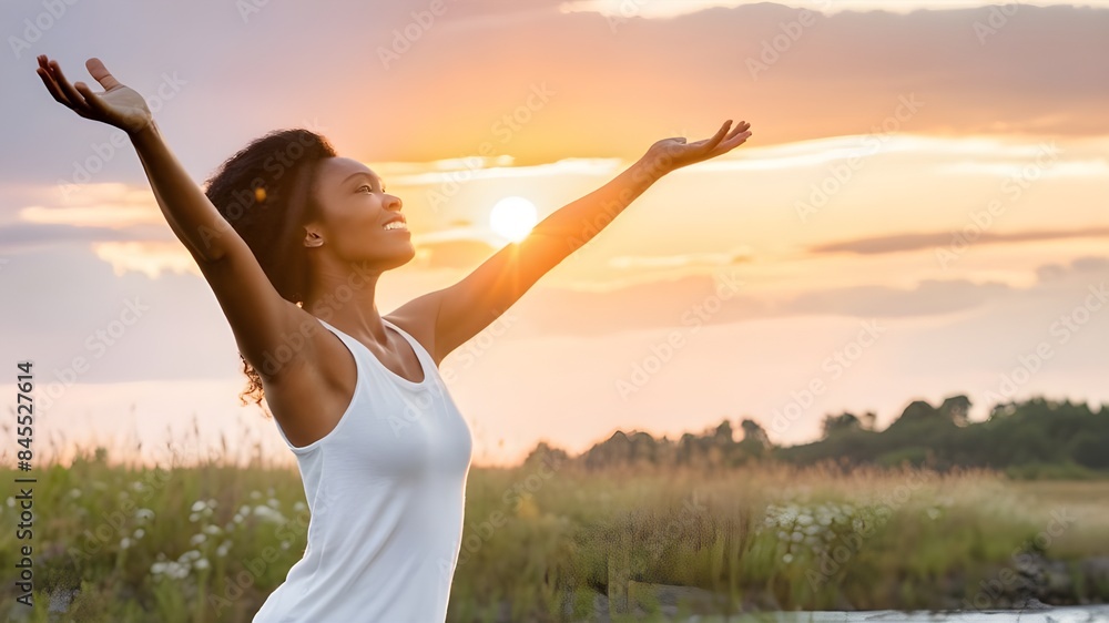 Sunset Celebration Woman Embracing Nature with Open Hands Sunset Celebration Woman Embracing Nature with Open Hands