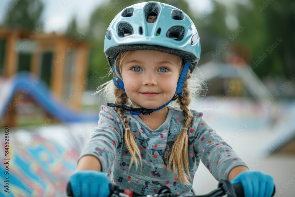 A little blonde smiling girl in a blue helmet rides a balance bike at the skatepark. Concept: fun, childhood, activities. A little blonde smiling girl in a blue helmet rides a balance bike at the skatepark. Concept: fun, childhood, activities.