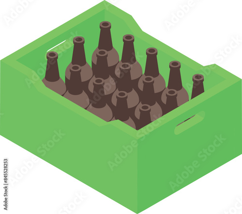 Green plastic crate containing unlabeled brown glass beer bottles shown in isometric view