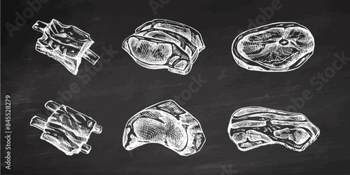 Hand-drawn sketches of pieces of meat, pork or beef steak, ribs, chop meat, bacon, piece of meat cuts, vector illustration. Raw meat. Vintage illustration on chalkboard background.