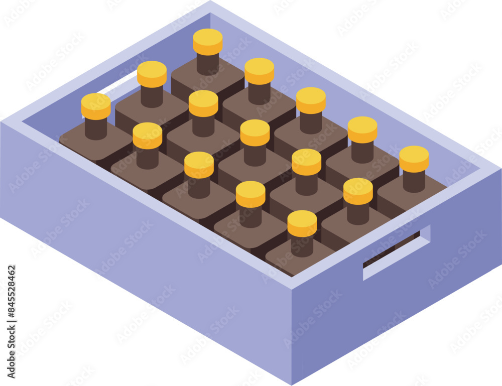 Purple crate full of brown bottles with yellow caps is waiting to be delivered Purple crate full of brown bottles with yellow caps is waiting to be delivered