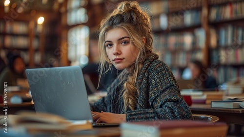 Young Woman Studying in Library with Laptop
