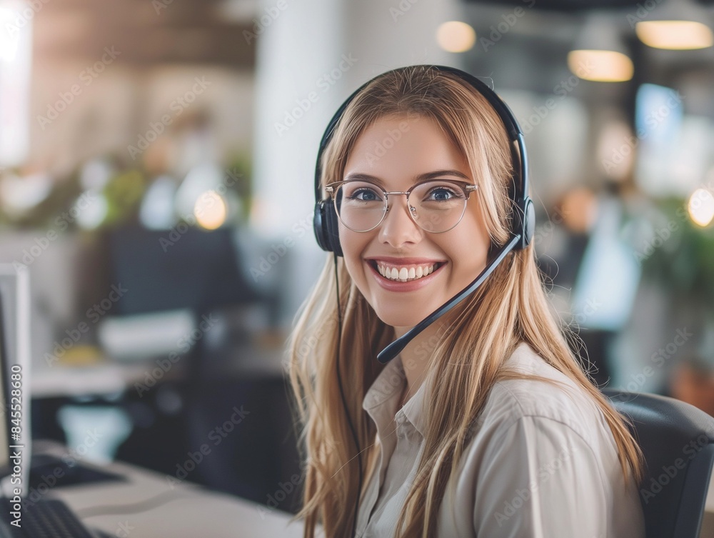 Female customer support operator with headset and smiling Female customer support operator with headset and smiling