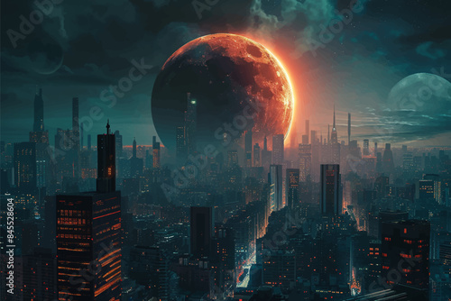 Eclipse view of the futuristic city on alien planet, digital painting, concept illustration