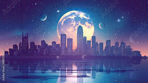 Night sky and moon reflection in water city silhouette vector cityscape illustration