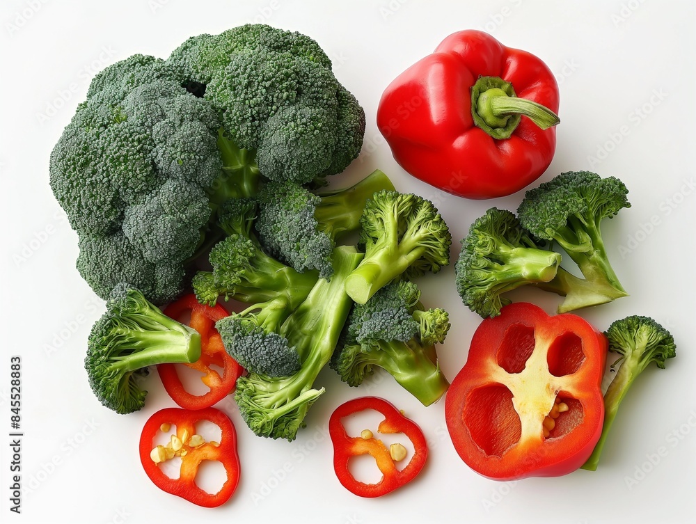 healthy nutrition, dishes from fresh broccoli and red pepper. Macro photo green fresh vegetable broccoli healthy nutrition, dishes from fresh broccoli and red pepper. Macro photo green fresh vegetable broccoli