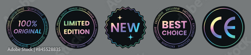 Set of color neon stickers for shops, labels with a holographic effect. Isolated rainbow emblems are new, 100% original, best choice, limited offer, premium, quality. Vector EPS10