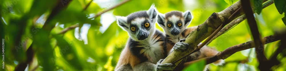Fototapeta premium A beautiful portrait captures two lovely lemurs in the rainforest, aemblematic of endangered wildlife