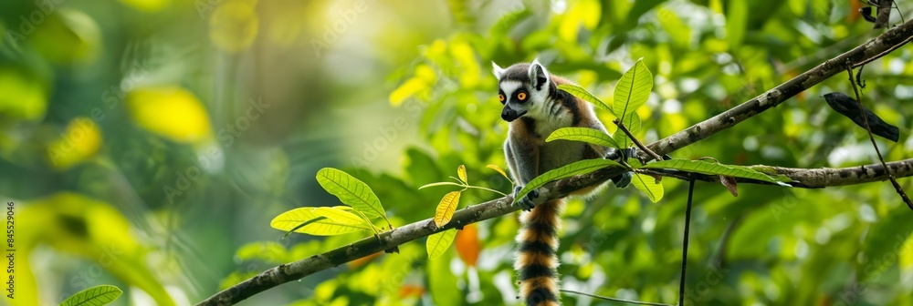 Naklejka premium Curious lemur, perched on branch, watches attentively, embodying exotic charm and nature's allure