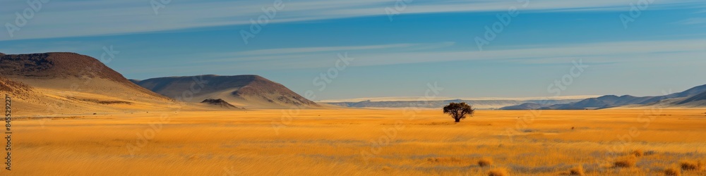 Lonely desert landscape with dry grass, solitary tree, and distant mountains under a blue sky