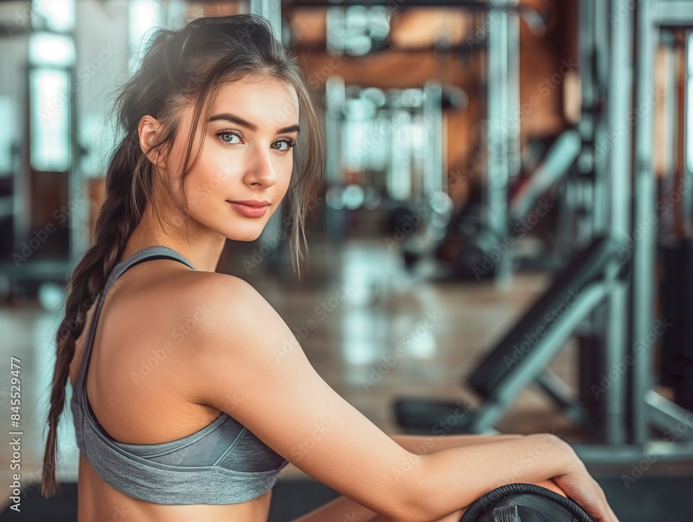 Fototapeta premium Close up image of attractive sporty fit woman in gym, banner with copy space