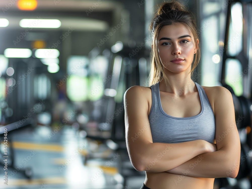 Fototapeta premium Close up image of attractive sporty fit woman in gym, banner with copy space