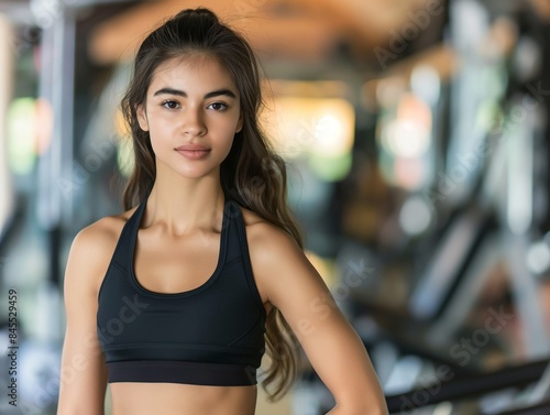 Close up image of attractive sporty fit woman in gym, banner with copy space Free Download Close up image of attractive sporty fit woman in gym, banner with copy space - GFXLoad