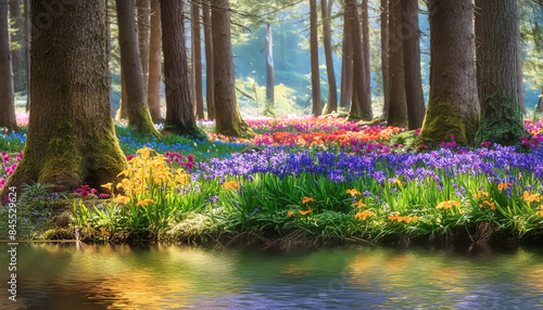 Realistic pointilisme painting style of beautiful tranquil forest and colorful flowers grow by water. beautiful nature of mountainous areas. photo