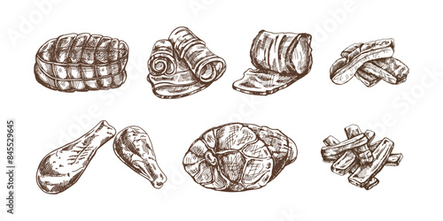 A set of hand-drawn sketches of meat pieces, ribs, beef steak, ham, pork, chicken. Fresh raw meat products. For design of menu for restaurants, butcher shop. Vintage engraved.