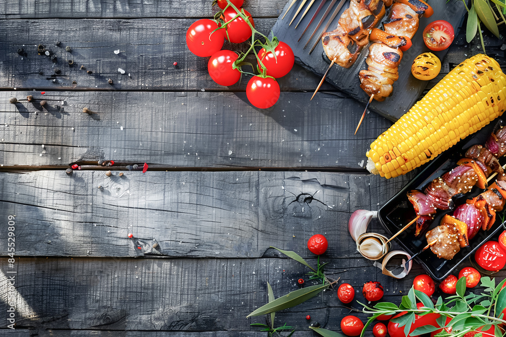 Top view of grilled meat on wooden table with copy space Top view of grilled meat on wooden table with copy space